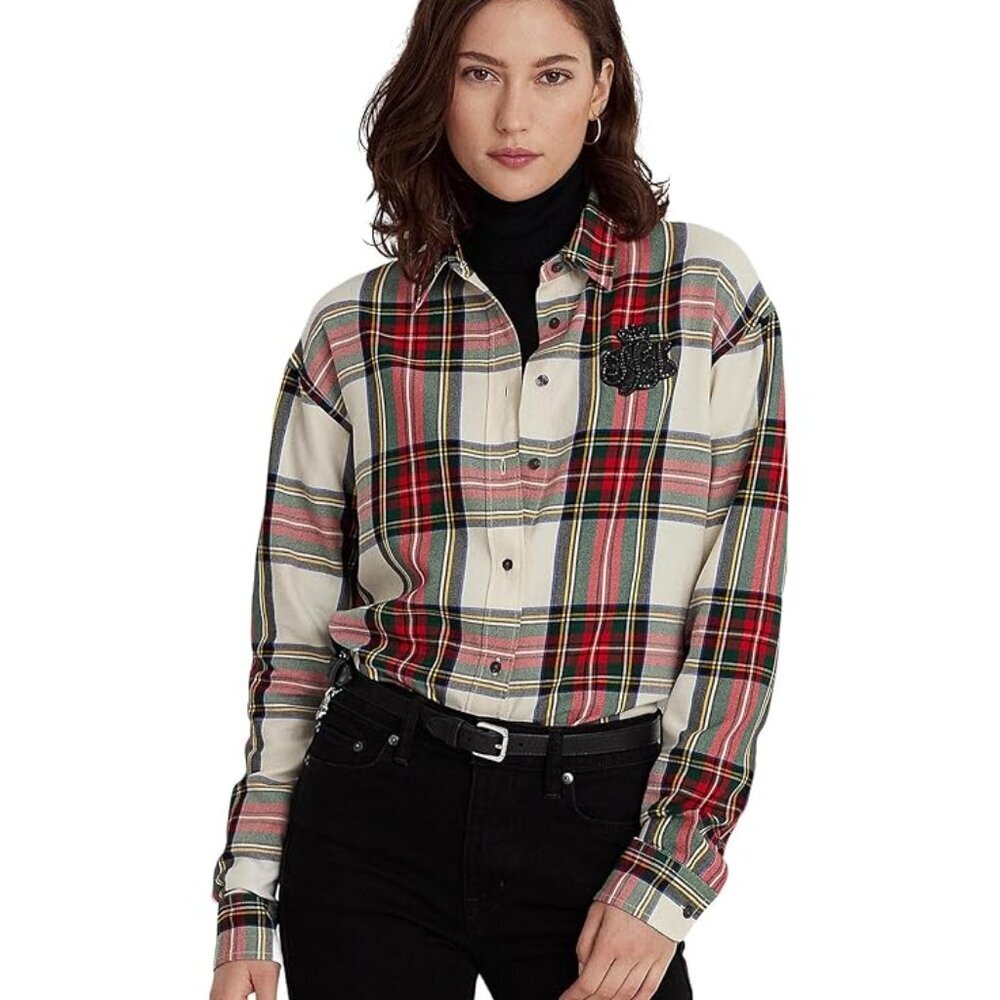 NWT Lauren Ralph Lauren Bullion Checked Plaid Twill Shirt Petitte Medium PM